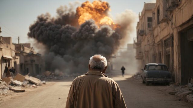 Vieil homme devant grosse explosion