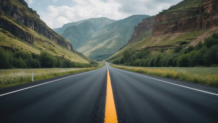 Naklejka premium Scenic Asphalt Highway Surrounded by Lush Green Mountains and Rolling Hills Under a Dramatic Cloudy Sky