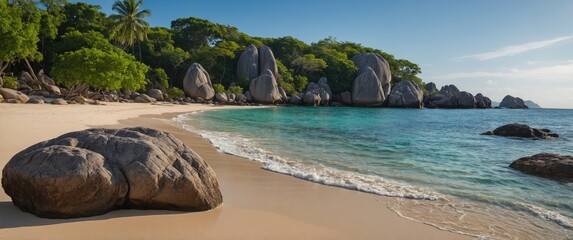 Serene Tropical Beach Scene Featuring Granite Boulders Surrounded By Lush Greenery Under Clear Sky With Room For Text Overlay