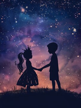 there is a silhouette of two children holding hands under a starr sky