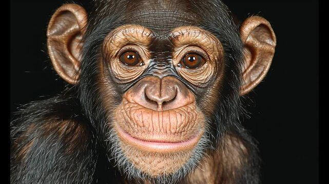 Portrait featuring a young chimpanzee monkey smiling joyfully, isolated against a striking black background, creating a captivating and heartwarming image of innocence and curiosity