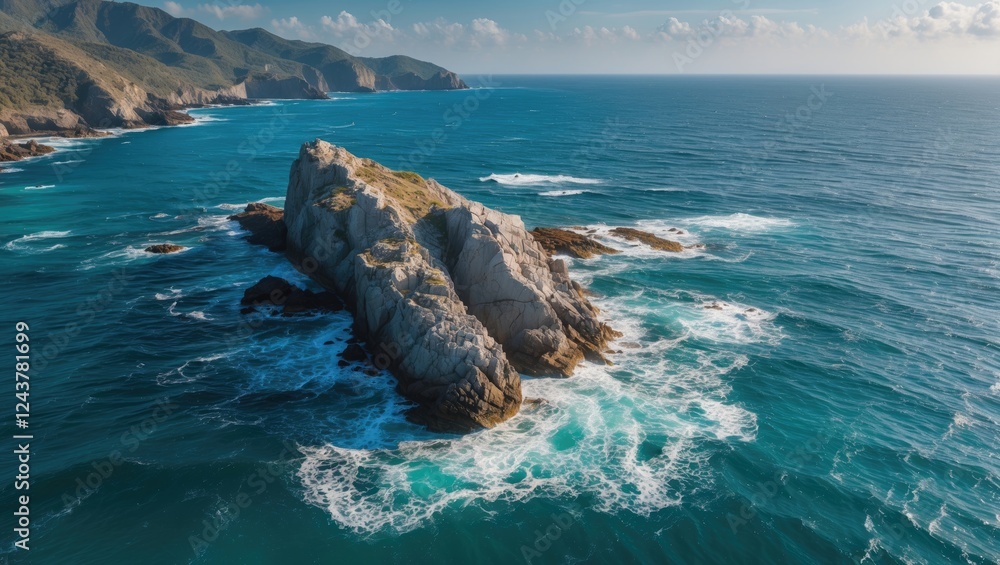 Poster aerial view of rocky seaside with turquoise waters and empty space for text descriptions or advertis