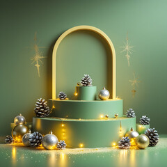 Shiny Christmas scene with a Christmas tree and illuminated red baubles, ornamental gift boxes with lamps, a lantern and bokeh lights backgroundShiny Christmas scene with a Christmas tree and illumina