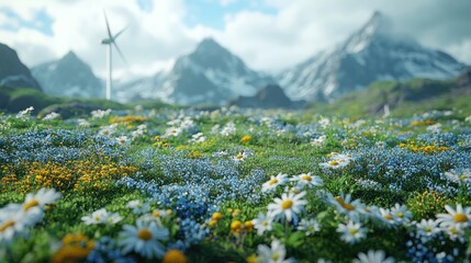 Mountain meadow wildflowers, wind turbine, sustainable energy
