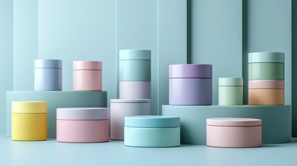 Pastel cosmetic jars display, studio backdrop