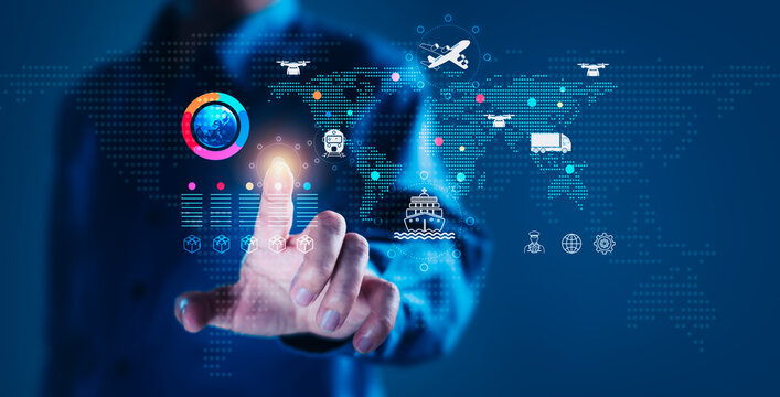 Man Pointing at Global Supply Chain Icons on World Map for Logistics and Transportation