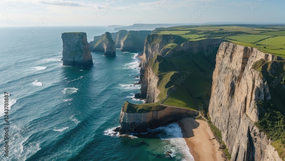 Poster aerial view of dramatic coastal cliffs with ocean waves and greenery above open space for text or ca