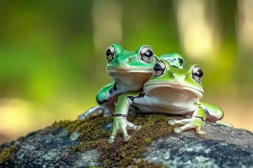 Two Vibrant Frogs Resting Together on a Moss-Covered Rock in a Forest