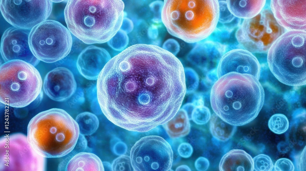 Poster abstract concept of micro cells in vibrant colors representing cellular structures and biological pr