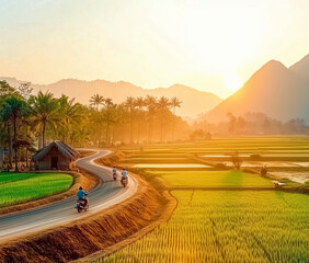 Sunlit Countryside Road with Motorcycle and Traditional Hut Amidst Green Fields