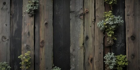 Weathered wooden planks on a black background with lichen growth, black, outdoors