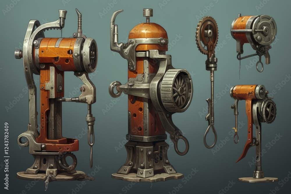 Poster retrofuturistic industrial machines with gears and levers are displayed on a neutral background