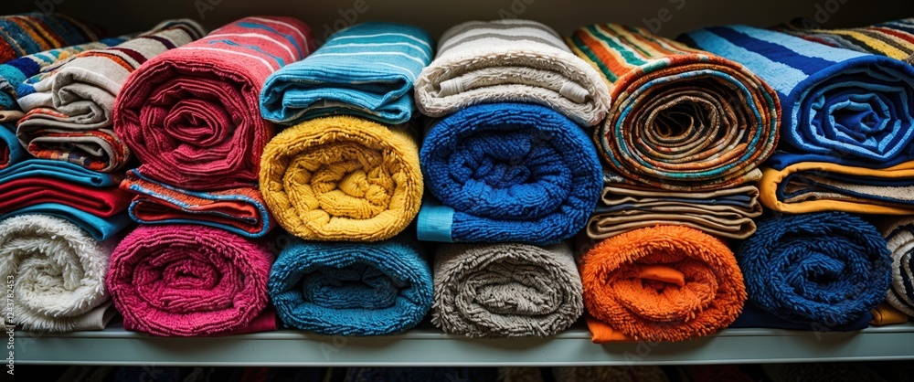 Poster colorful towels and rolled rugs neatly arranged on a shelf showcasing vibrant textures and patterns 