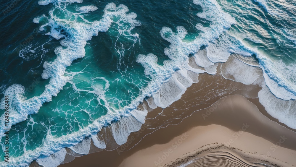 Poster aerial view of ocean waves forming foam patterns on sandy shoreline with copy space for text highlig