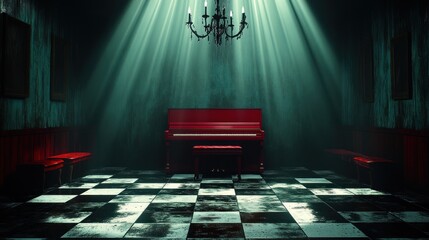 Red piano in haunted room, spotlight, checkered floor