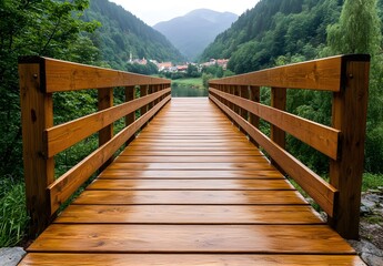 Obraz premium Wooden bridge leading into a serene landscape of mountains and greenery, creating a peaceful outdoor scene.