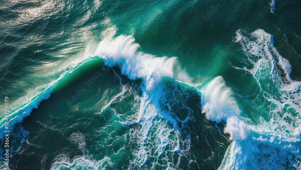 Poster aerial view of azure ocean waves crashing vibrantly against shoreline creating dynamic patterns of g