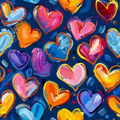 Fototapeta premium Vibrant hand drawn hearts pattern in bright colors on dark blue background. Artistic brush strokes create romantic seamless design perfect for valentines cards, fabric prints and gift wrap.