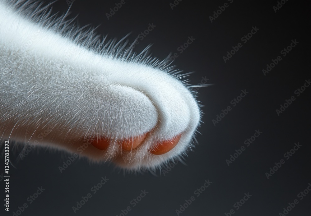 Poster close-up image of a fluffy cat paw with soft fur and pink pads against a dark background highlightin