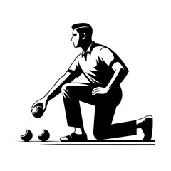 Black and white isolated vector illustration of male petanque athlete on white background.