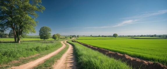 Serene rural landscape featuring a winding dirt path through lush green fields and a clear blue sky with ample space for text overlay