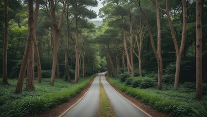 Obraz premium Serene Winding Road Through Lush Forest Landscape Surrounded By Tall Trees Inviting Tranquility And Nature Exploration