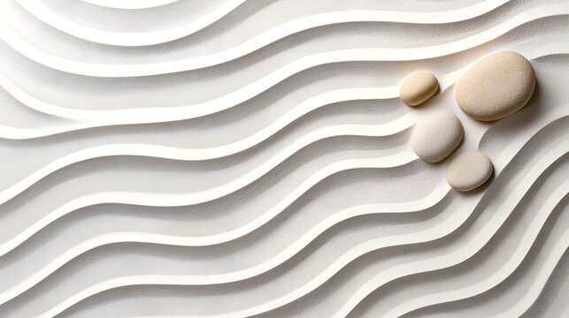 A serene composition of smooth stones arranged on gently undulating sand patterns, creating a calming and harmonious aesthetic.