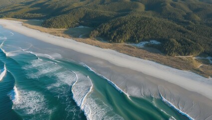 Aerial View of Serene Emerald Coastline with Gentle Waves and Sandy Beach Surrounded by Lush Green Forest Ideal for Text Overlay