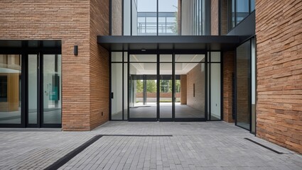Modern building entrance with glass doors, textured brick walls, and paved path highlighting contemporary urban architectural design elements.