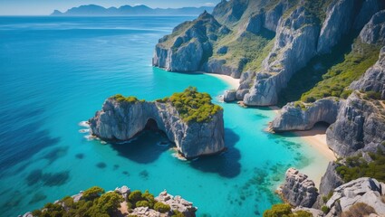 Serene Aerial View of Turquoise Bay Surrounded by Rocky Cliffs and Clear Blue Sea Ideal for Adventure and Relaxation Enthusiasts