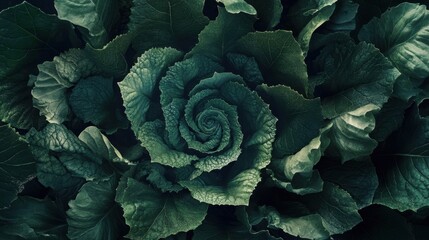 Obraz premium A top-down view of a spiral arrangement of leafy greens, deep shadows adding contrast, beautifully textured