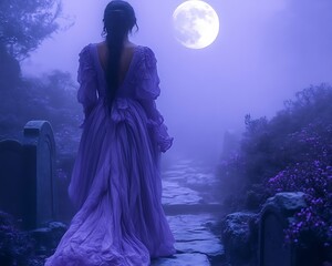 Obraz premium Woman in lavender gown walks away at night, moonlit graveyard.