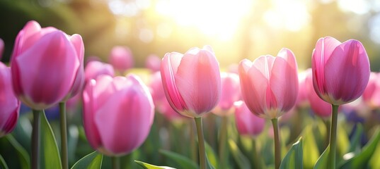Obraz premium Field of Pink Tulips in Bloom, Bathed in Soft, Natural Sunlight. High Contrast, Vivid Pink Hues