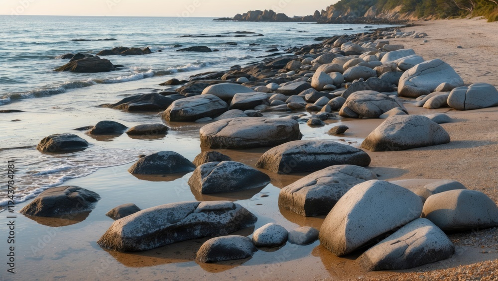 Poster serene beachfront with smooth rocks and gentle waves at sunset ideal for tranquil imagery and text p