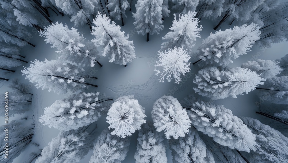 Aufkleber aerial view of snow-covered trees creating a serene winter landscape in a forest setting.