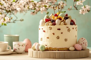 Traditional Easter Cake Topped With Dried Fruits and Nuts on a Light Wooden Board in a Soft Pastel Setting