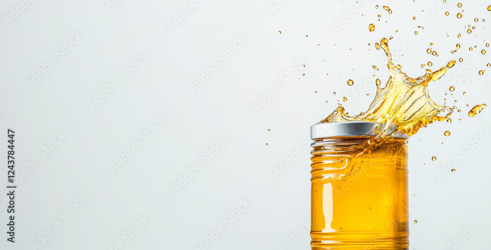 Poster Golden honey is splashing from a clear jar, creating dynamic droplets in a bright, clean environment. The liquid's texture and color stand out, capturing the viewer's attention.