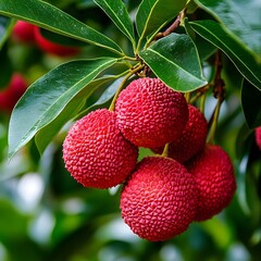 Clusters of vibrant red lychee fruits hanging from lush green leaves, showcasing their unique textured skin and tropical appeal.