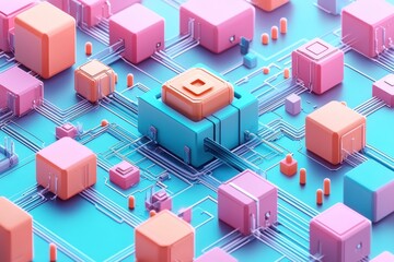 Obraz premium A vibrant digital landscape featuring interconnected cubes and circuits in pink and blue hues, illustrating concepts of technology and connectivity.