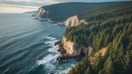Aerial View of Lush Evergreen Forests Along Dramatic Coastal Cliffs and Turquoise Ocean Waves Under Soft Natural Light
