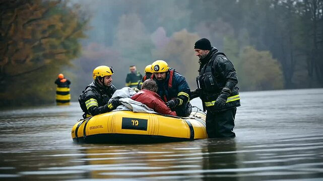 A team of firefighters in an inflatable rescue boat carefully helps a soaked and shivering family, wrapping them in emergency blankets as they head to safety.