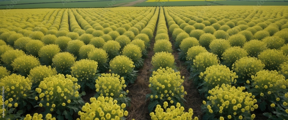 Poster aerial view of vibrant yellow rapeseed fields with lush blooms and open space for text or branding e
