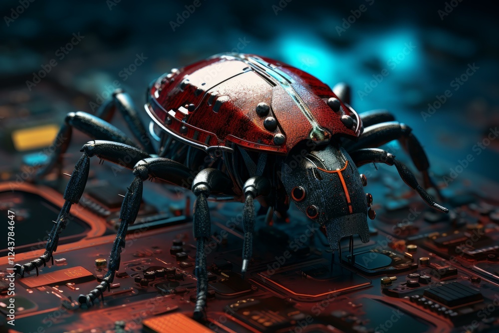 Poster mechanical bug exploring a motherboard, representing digital threats and vulnerabilities in computer
