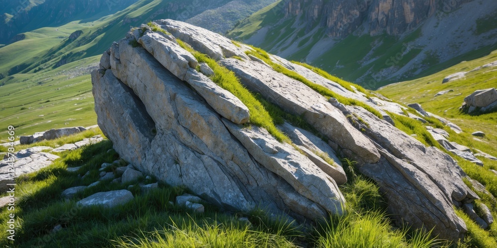 Poster mountainous landscape featuring a large rock surrounded by green grass and open space for text or gr
