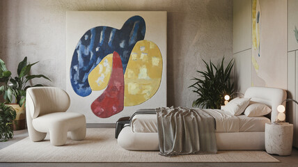 An artistic bedroom featuring abstract wall art and sculptural furniture. The unique design blends creativity and sophistication, creating a visually striking and stylish space.

