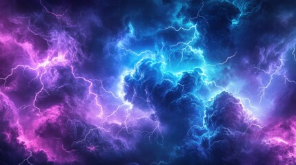 Obraz premium A vibrant thunderstorm background with electric purple and blue hues, lightning bolts twisting in intricate patterns, abstract yet powerful design