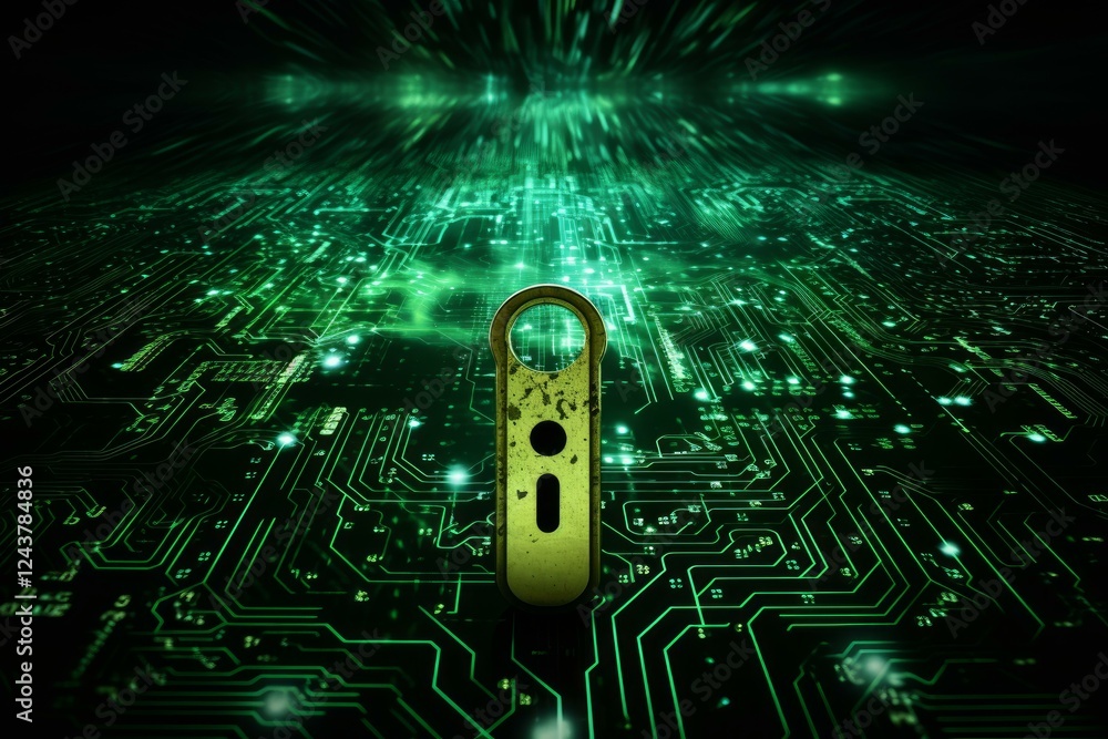 Poster protecting digital data with an old rusty padlock on a futuristic green circuit board with data flow