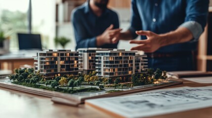 Architects reviewing apartment building model in office