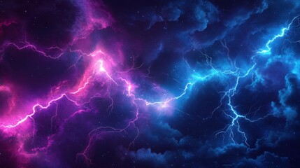 A vibrant thunderstorm background with electric purple and blue hues, lightning bolts twisting in intricate patterns, abstract yet powerful design