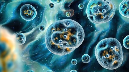 Vibrant Abstract Representation of Microbial Cells in a Cosmic Landscape with Blue and Green Hues, Giving a Detailed Insight into Microorganism Structures